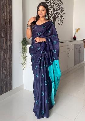 Navy Blue Printed Cotton Saree Set