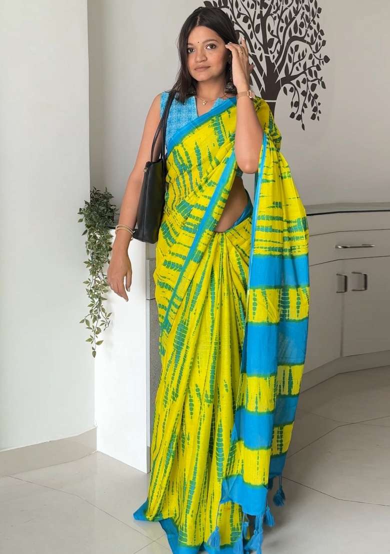 Yellow Printed Cotton Saree Set for Diwali and Festive Wear - Indya