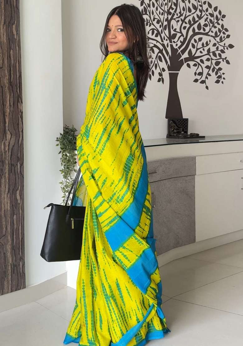 Yellow Printed Cotton Saree Set for Diwali and Festive Wear - Indya