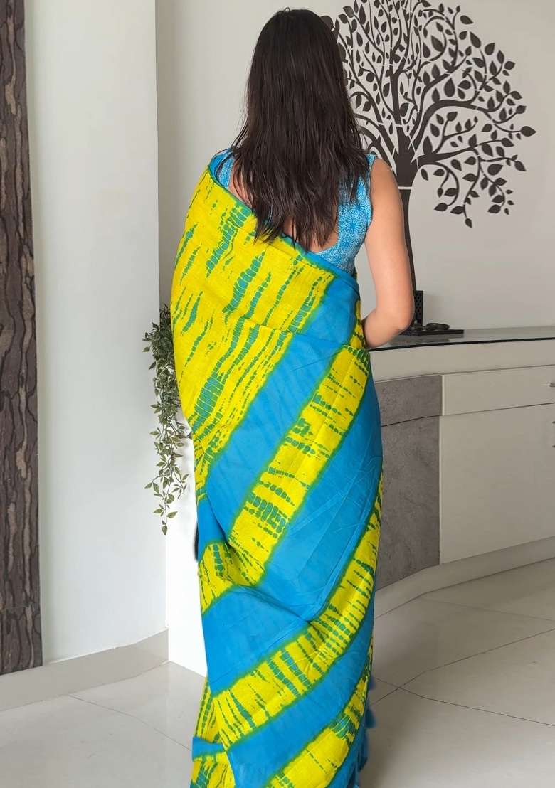 Yellow Printed Cotton Saree Set for Diwali and Festive Wear - Indya