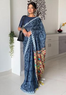 Navy Blue Printed Cotton Saree Set