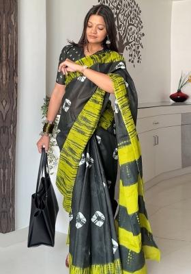 Black Printed Cotton Saree Set