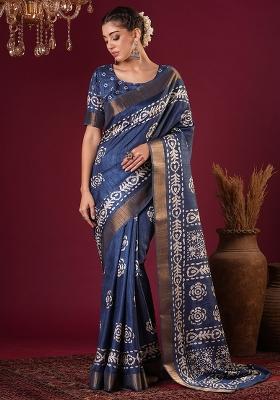 Navy Blue Printed Silk Blend Saree Set