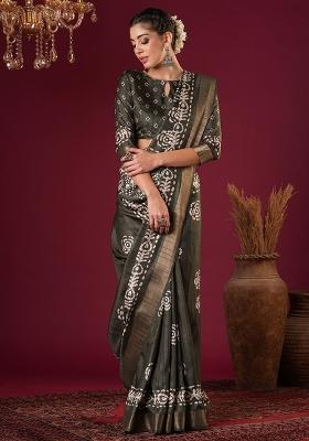 Olive Printed Silk Blend Saree Set
