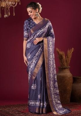 Violet Printed Silk Blend Saree Set