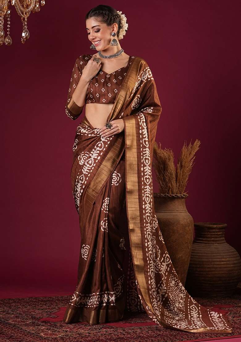 Coffee Brown Printed Silk Blend Saree Set - Indya