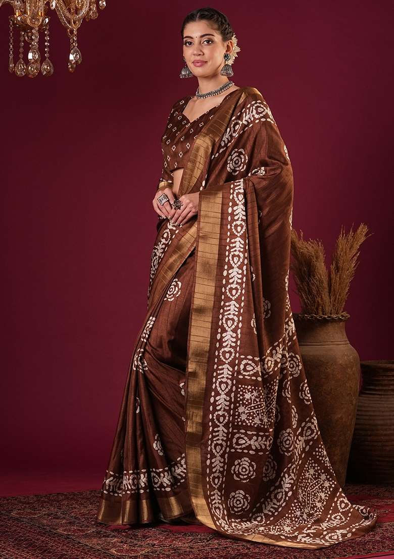 Coffee Brown Printed Silk Blend Saree Set - Indya