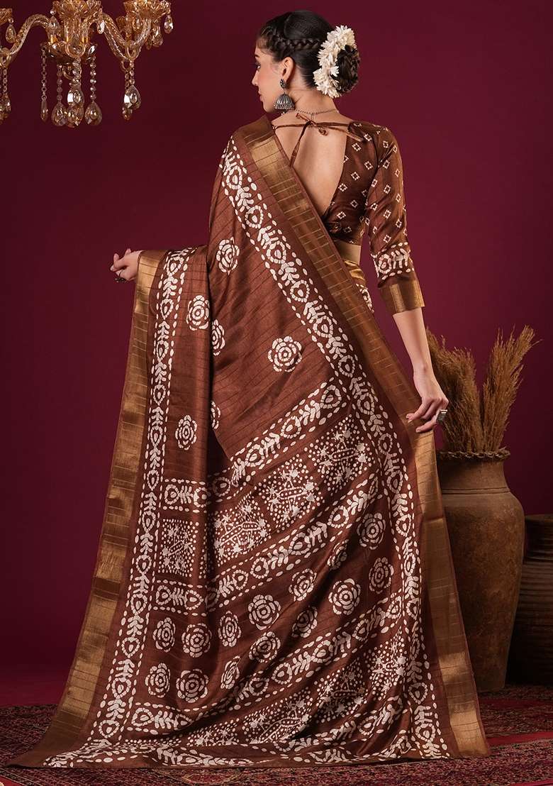 Coffee Brown Printed Silk Blend Saree Set - Indya