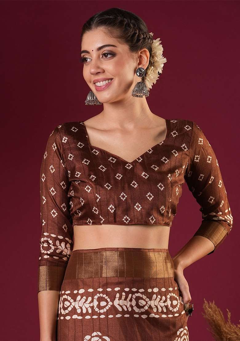 Coffee Brown Printed Silk Blend Saree Set - Indya