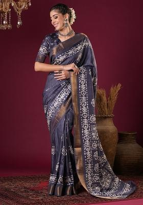 Charcoal Grey Printed Silk Blend Saree Set