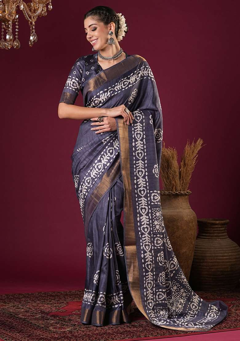 Charcoal Grey Printed Silk Blend Saree Set - Indya