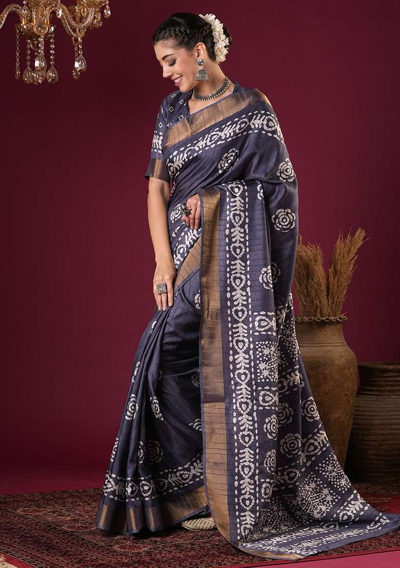 Charcoal Grey Printed Silk Blend Saree Set - Indya