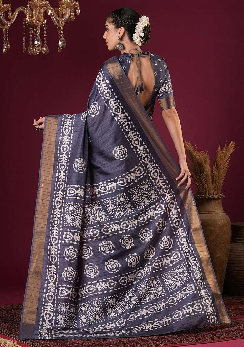 Charcoal Grey Printed Silk Blend Saree Set - Indya