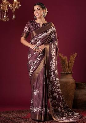 Burgundy Printed Silk Blend Saree Set