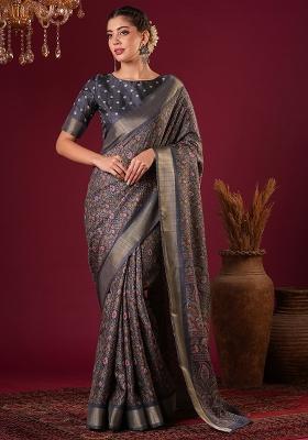 Grey Printed Silk Blend Saree Set