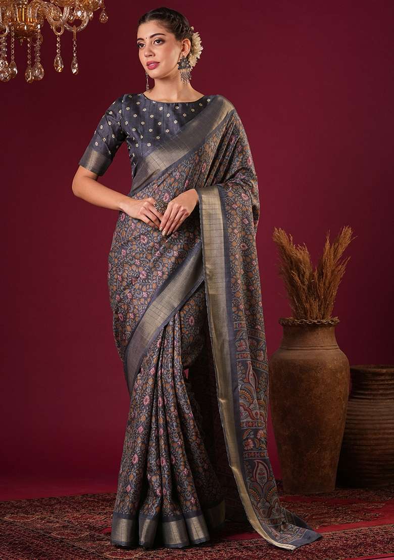 Grey Printed Silk Blend Saree Set - Indya