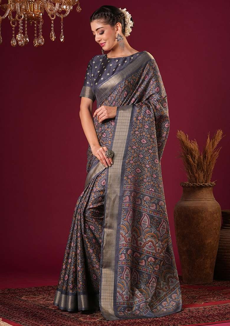Grey Printed Silk Blend Saree Set - Indya