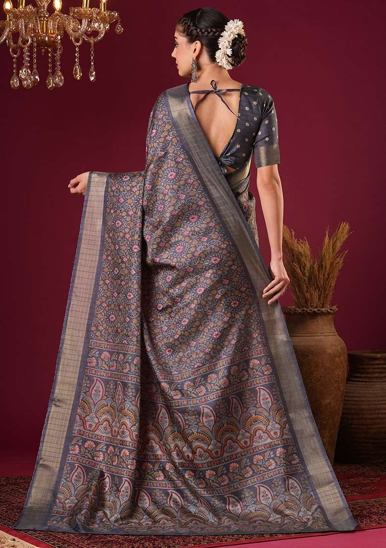 Grey Printed Silk Blend Saree Set - Indya