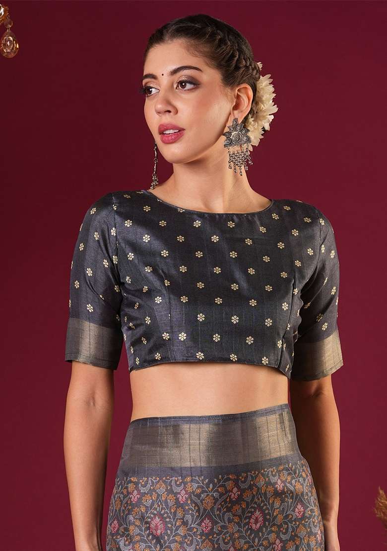 Grey Printed Silk Blend Saree Set - Indya