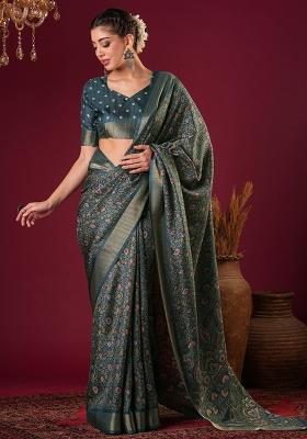 Teal Blue Printed Silk Blend Saree Set