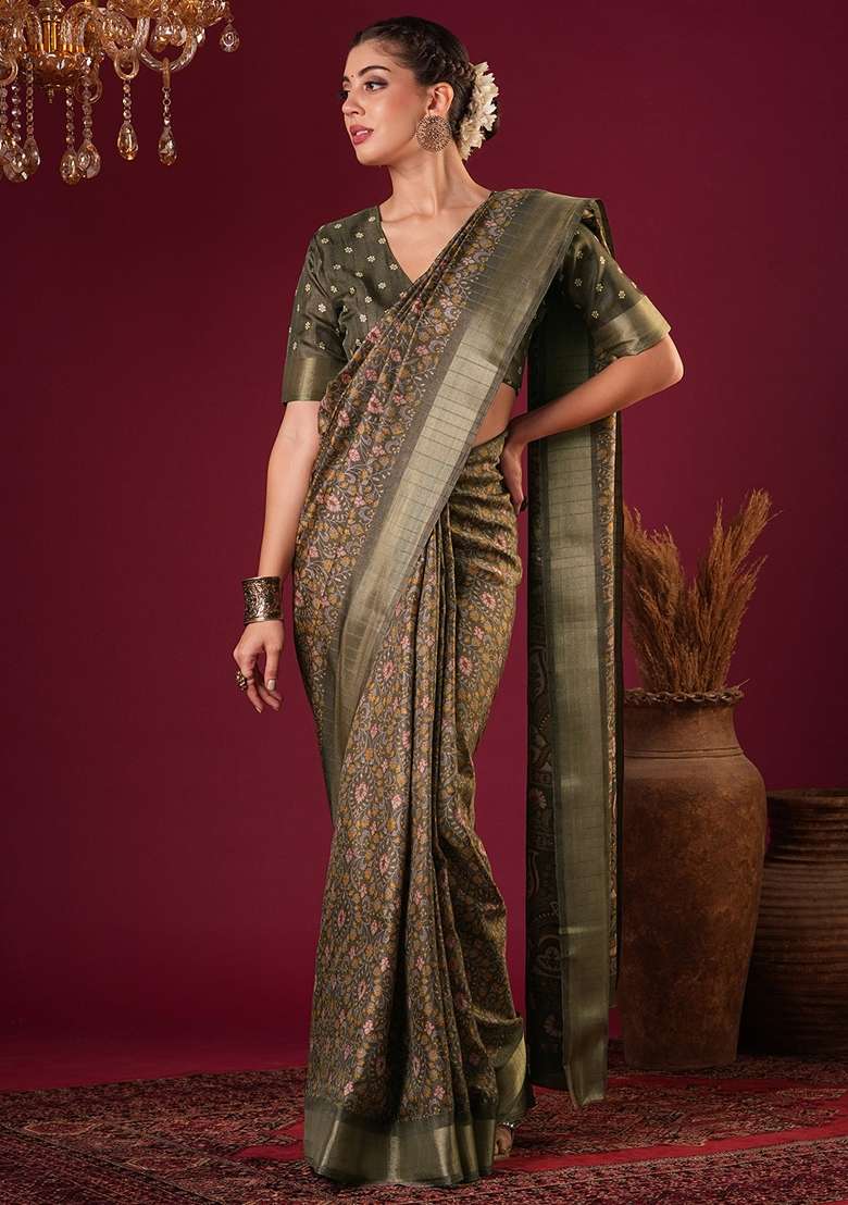 Light Brown Printed Silk Blend Saree Set - Indya