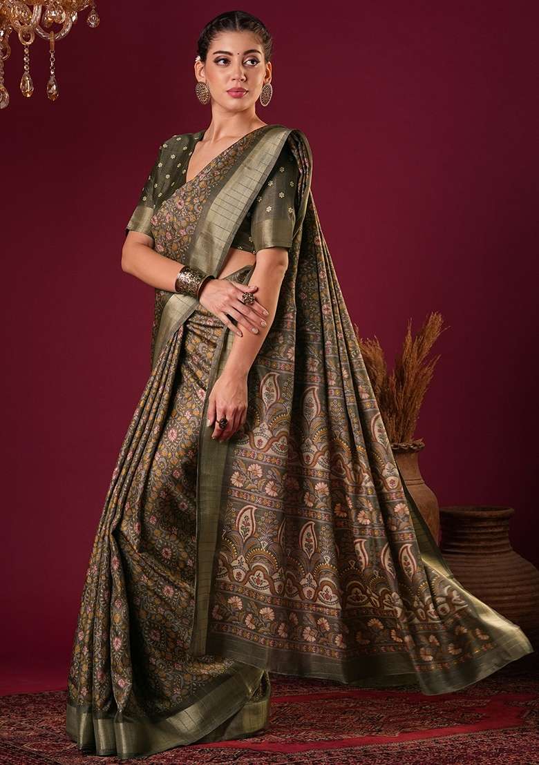 Light Brown Printed Silk Blend Saree Set - Indya