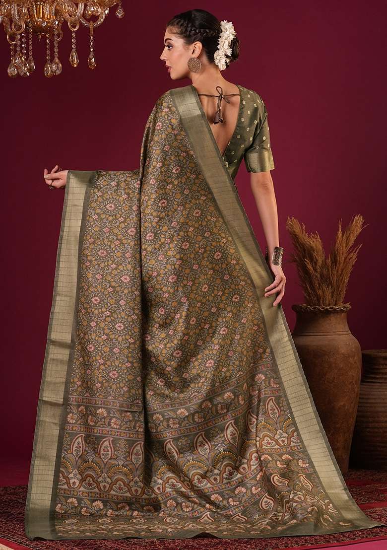 Light Brown Printed Silk Blend Saree Set - Indya