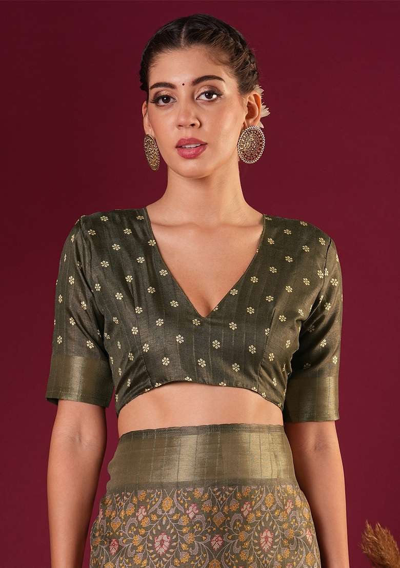 Light Brown Printed Silk Blend Saree Set - Indya