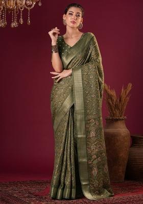 Olive Printed Silk Blend Saree Set