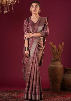Rose Gold Printed Silk Blend Saree Set