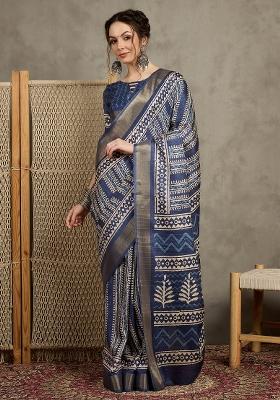 Navy Blue Printed Silk Blend Saree Set