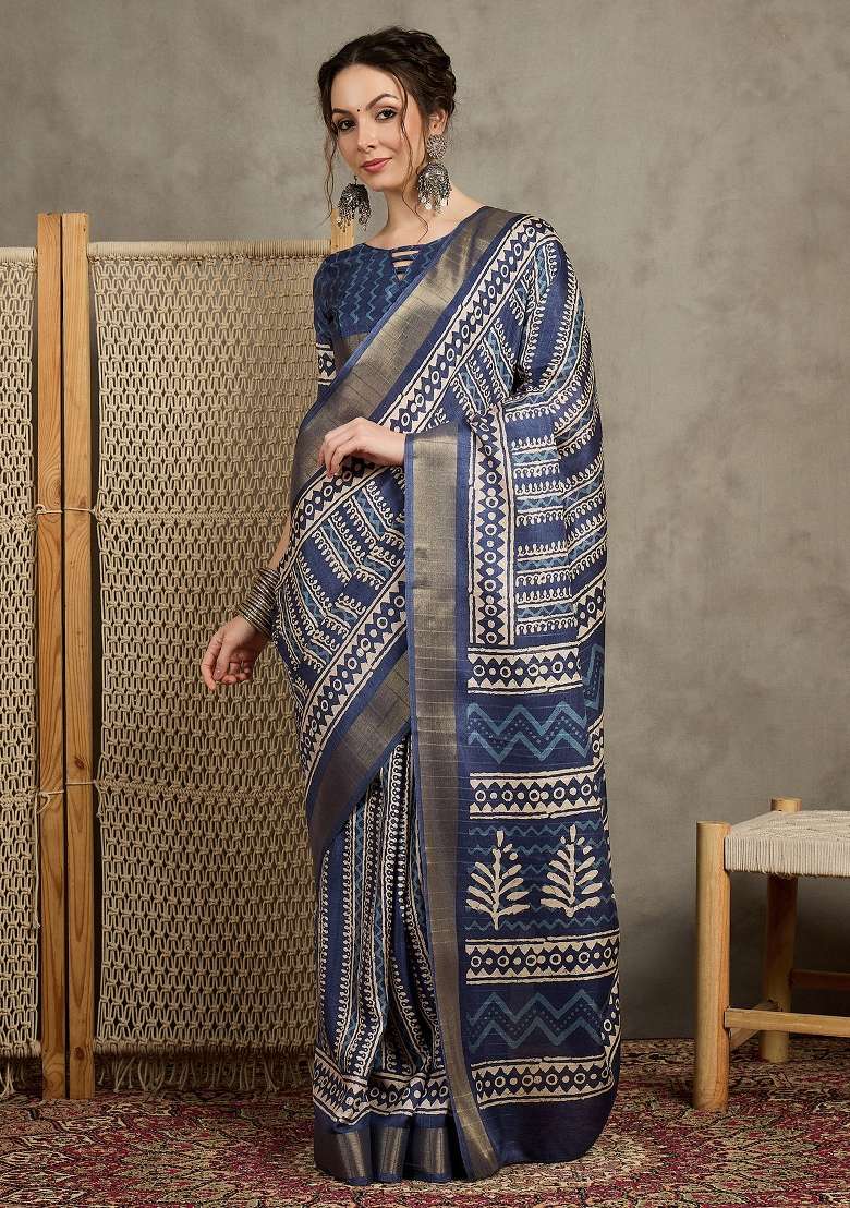 Navy Blue Printed Silk Blend Saree Set - Indya