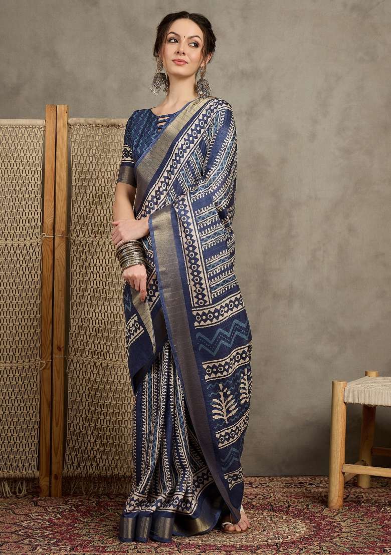 Navy Blue Printed Silk Blend Saree Set - Indya