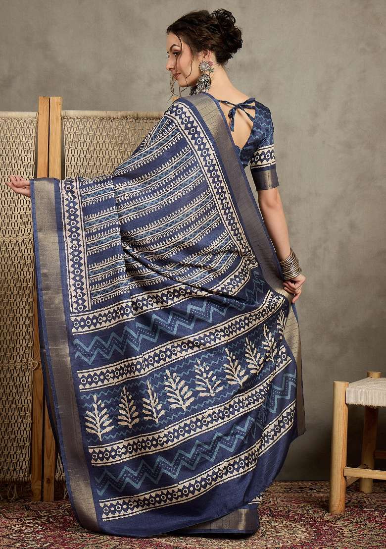 Navy Blue Printed Silk Blend Saree Set - Indya