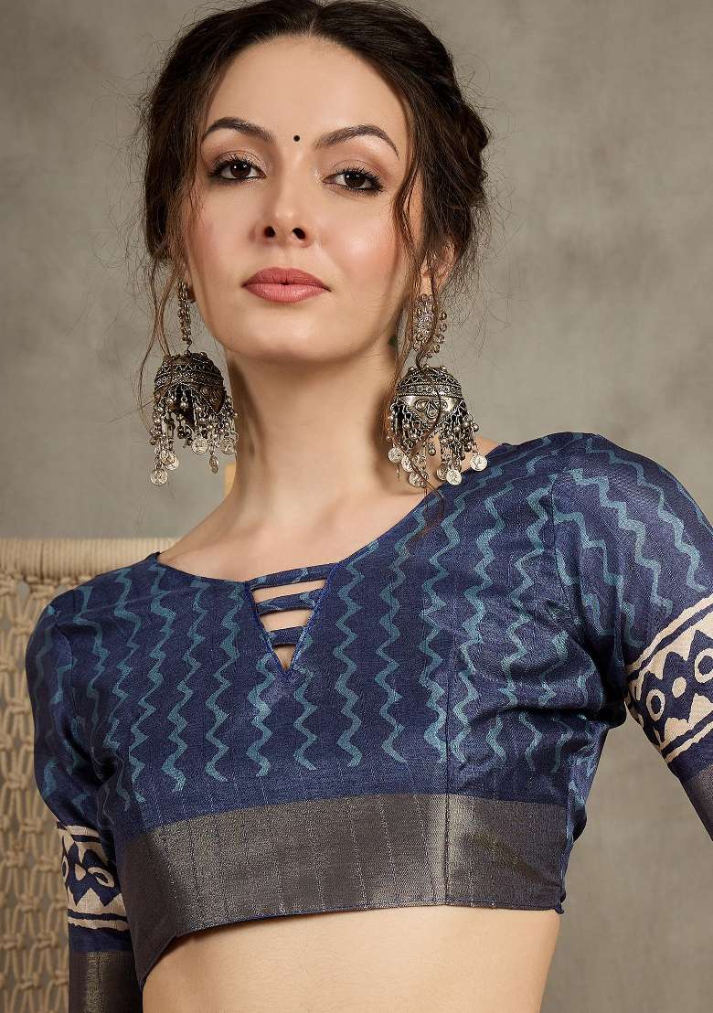 Navy Blue Printed Silk Blend Saree Set - Indya