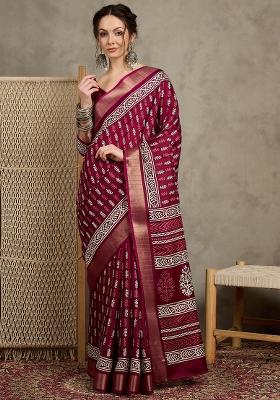 Magenta Printed Silk Blend Saree Set