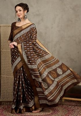 Brown Printed Silk Blend Saree Set