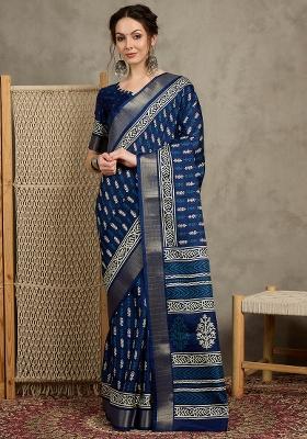 Navy Blue Printed Silk Blend Saree Set