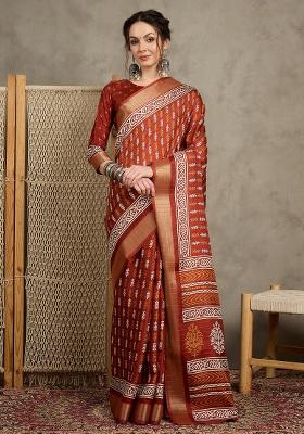 Rust Printed Silk Blend Saree Set