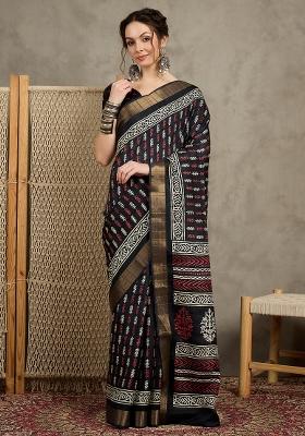 Black Printed Silk Blend Saree Set
