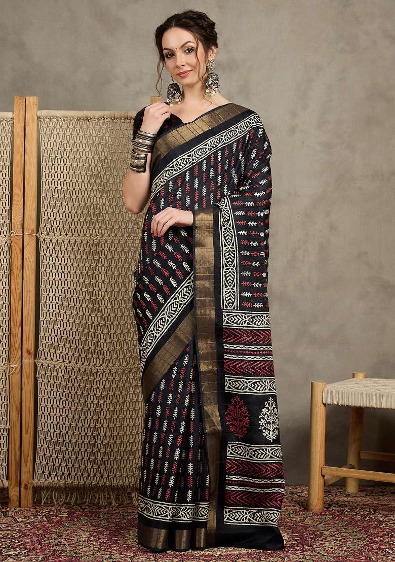 Black Printed Silk Blend Saree Set - Indya