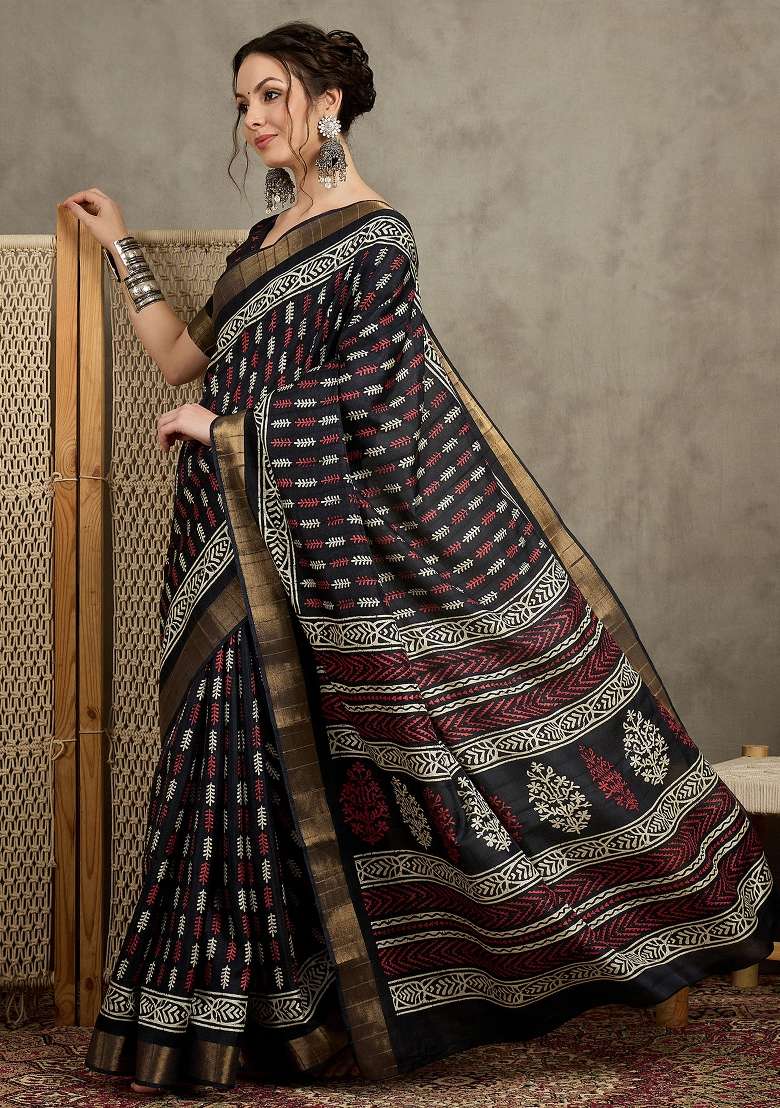 Black Printed Silk Blend Saree Set - Indya