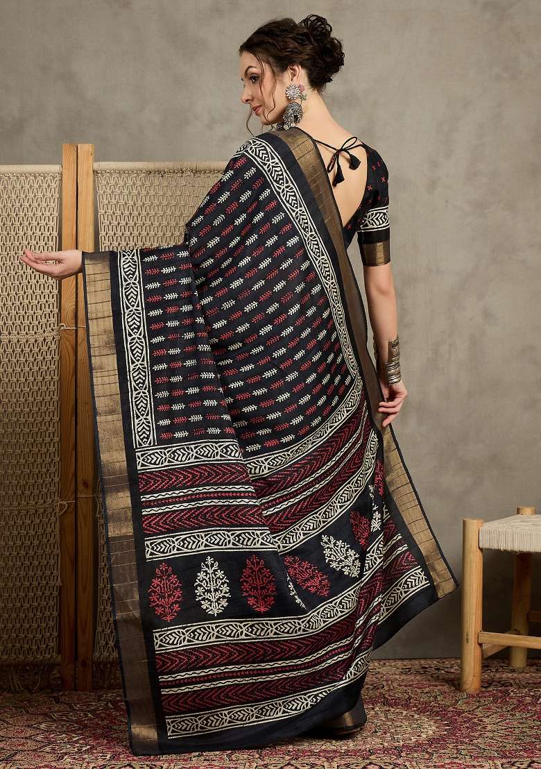 Black Printed Silk Blend Saree Set - Indya