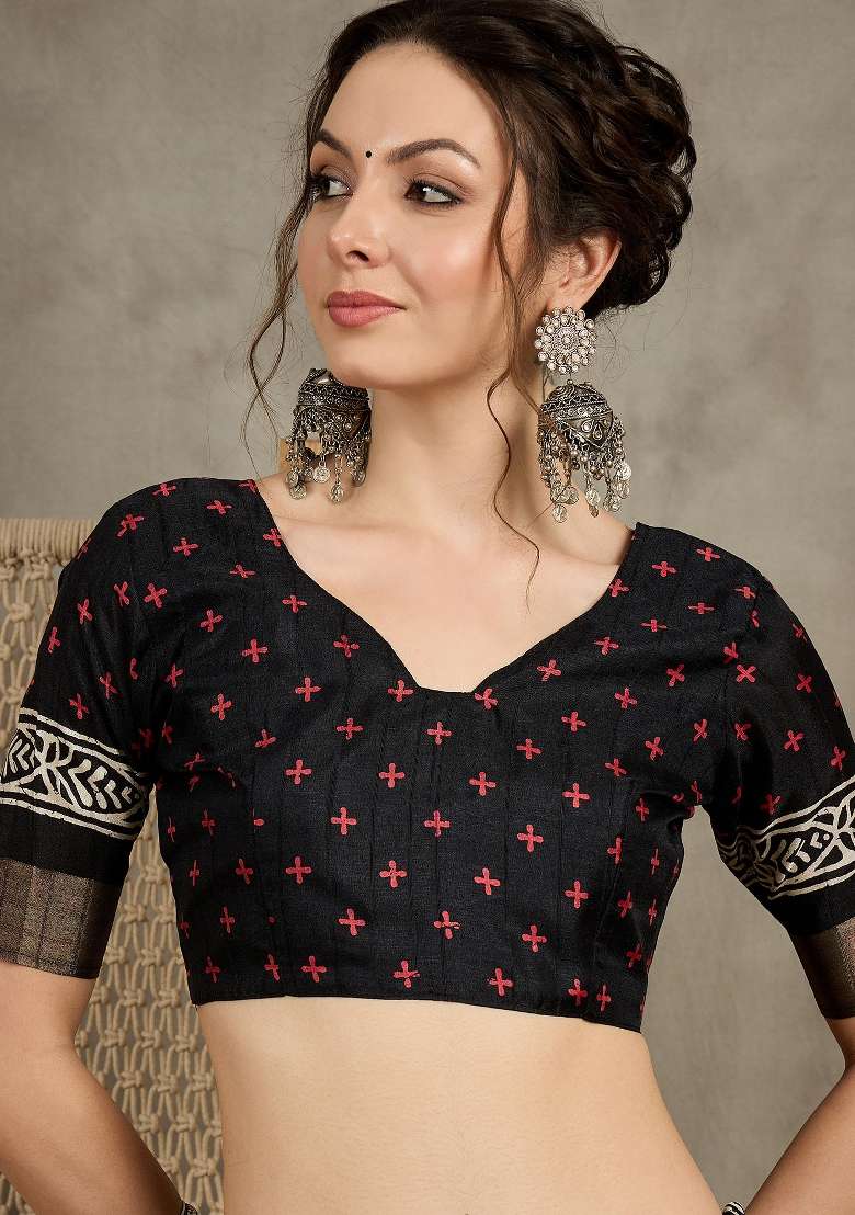 Black Printed Silk Blend Saree Set - Indya