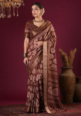 Brown Printed Silk Blend Saree Set