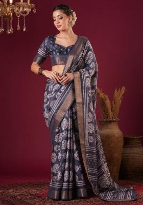 Grey Printed Silk Blend Saree Set