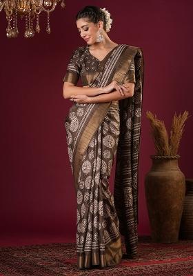 Coffee Brown Printed Silk Blend Saree Set