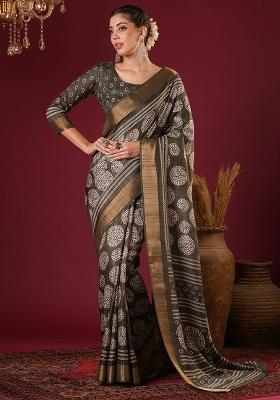 Olive Printed Silk Blend Saree Set