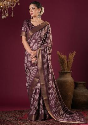 Burgundy Printed Silk Blend Saree Set