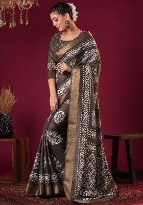 Brown Printed Silk Blend Saree Set